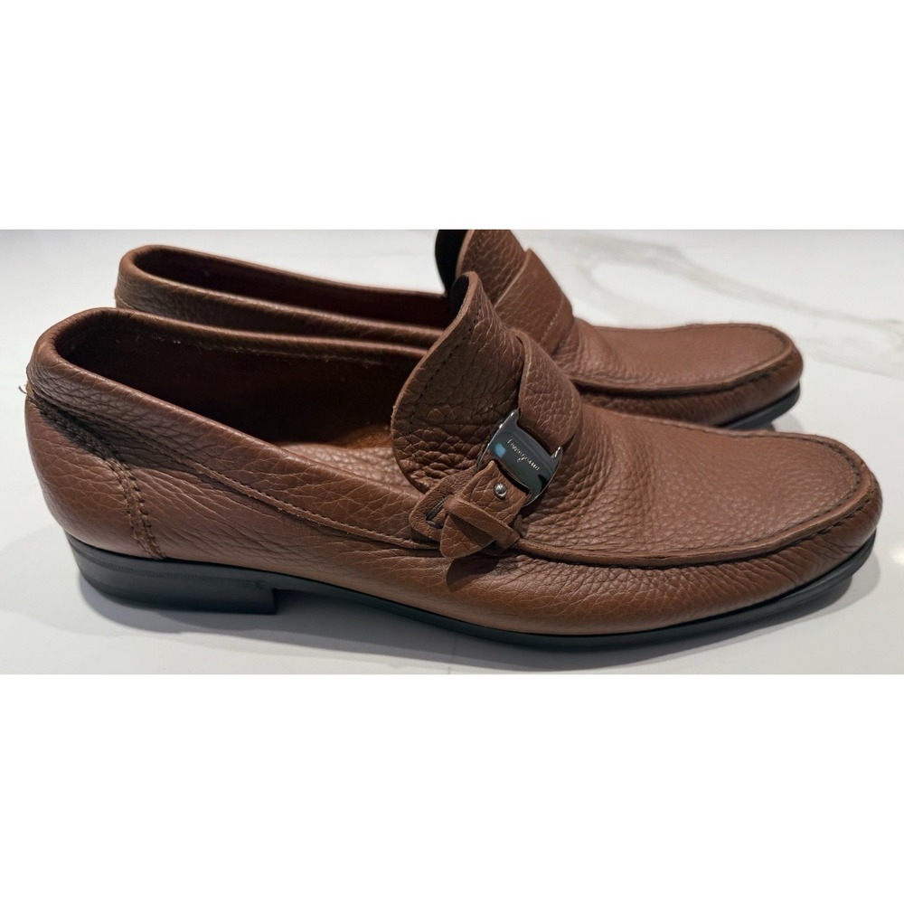 Salvatore Ferragamo Bravo Pebbled Buckle Loafer Brown Tan Size 9 D MS 28008 - Picture 2 of 9